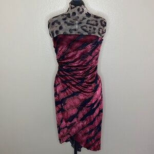Bebe Burnout Velvet Burgundy Red Draped Rouched Strapless Wrap Dress Size L